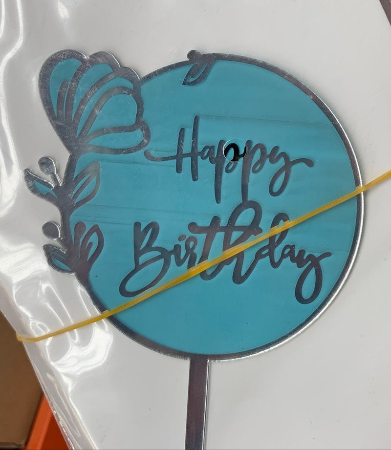 Tulip Blue Round Happy Birthday Cake Topper