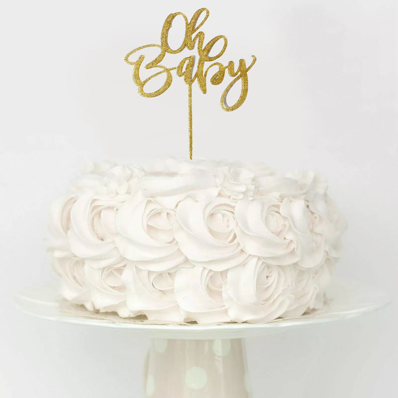 Hand Writing Glittered Gold Oh Baby Cake Topper