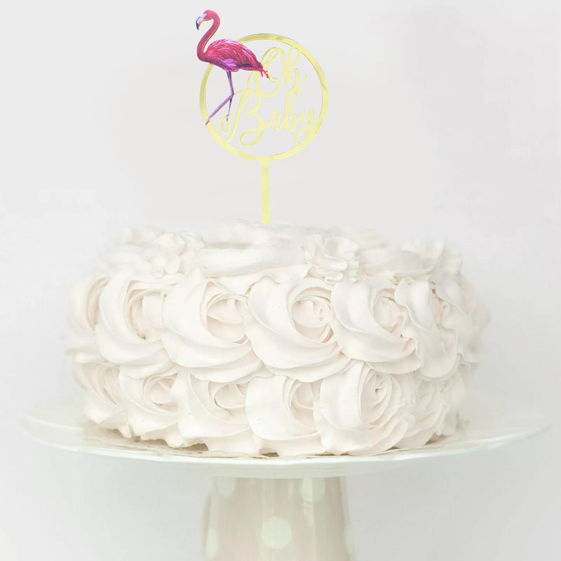 Round Acrylic Oh Baby with a Flamingo Cake Topper