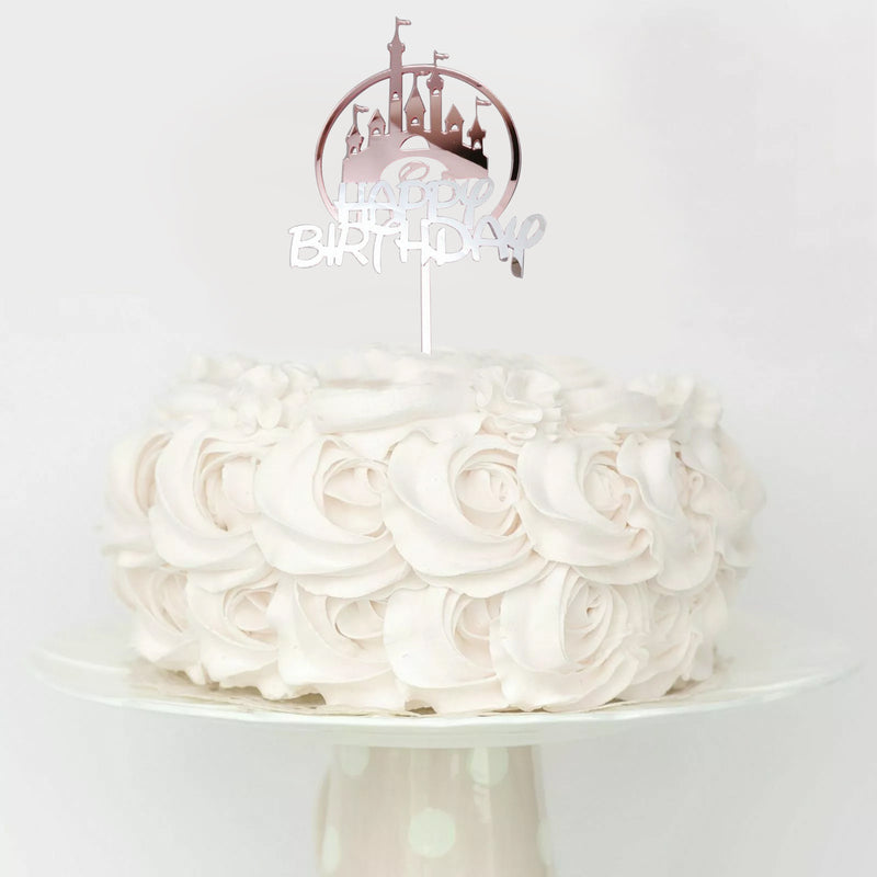 Rose Gold Castle Silver Happy Birthday Cake Topper