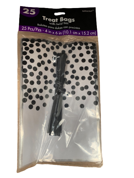 BLACK BIRTHDAY PARTY POLKA DOTS CELLOPHANE FAVOUR LOLLY TREAT BAGS 25