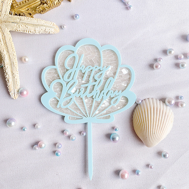 Seashell Light Blue Happy Birthday Cake Topper