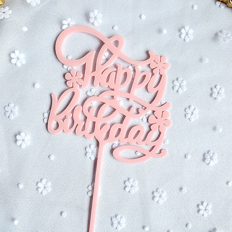 Pink Happy Birthday Cake Topper with Lilac Flower Design