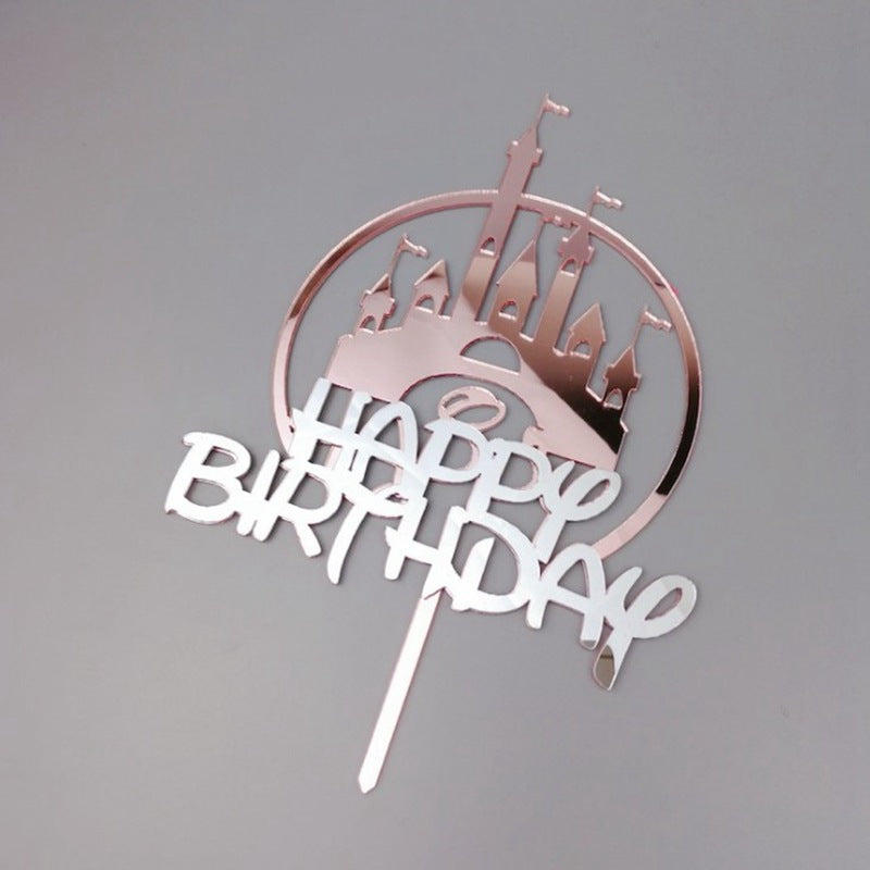 Rose Gold Castle Silver Happy Birthday Cake Topper