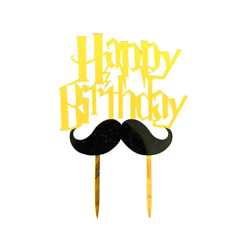 Moustache with Gold Happy Birthday Cake Topper