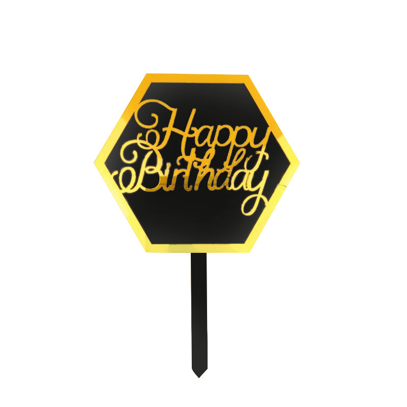 Hexagon Black Design Happy Birthday Cake Topper