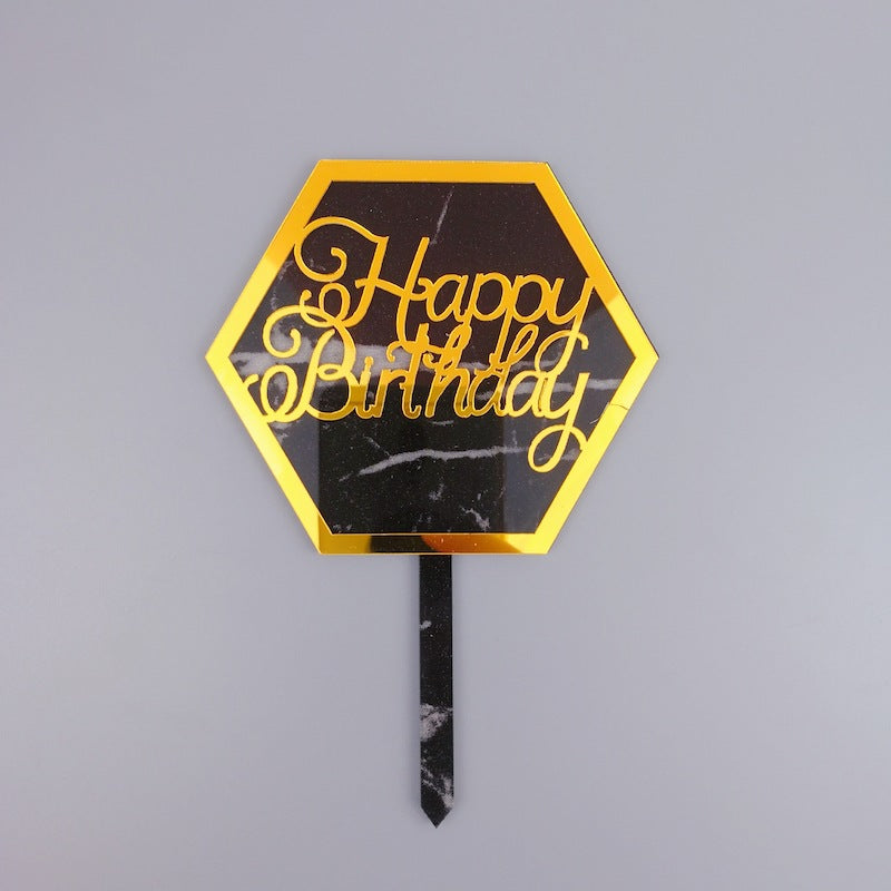 Hexagon Black Design Happy Birthday Cake Topper