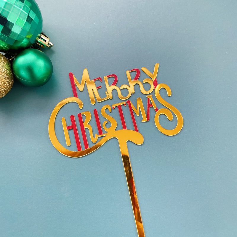 Cursive Merry Christmas Gold and Pink Cake Topper