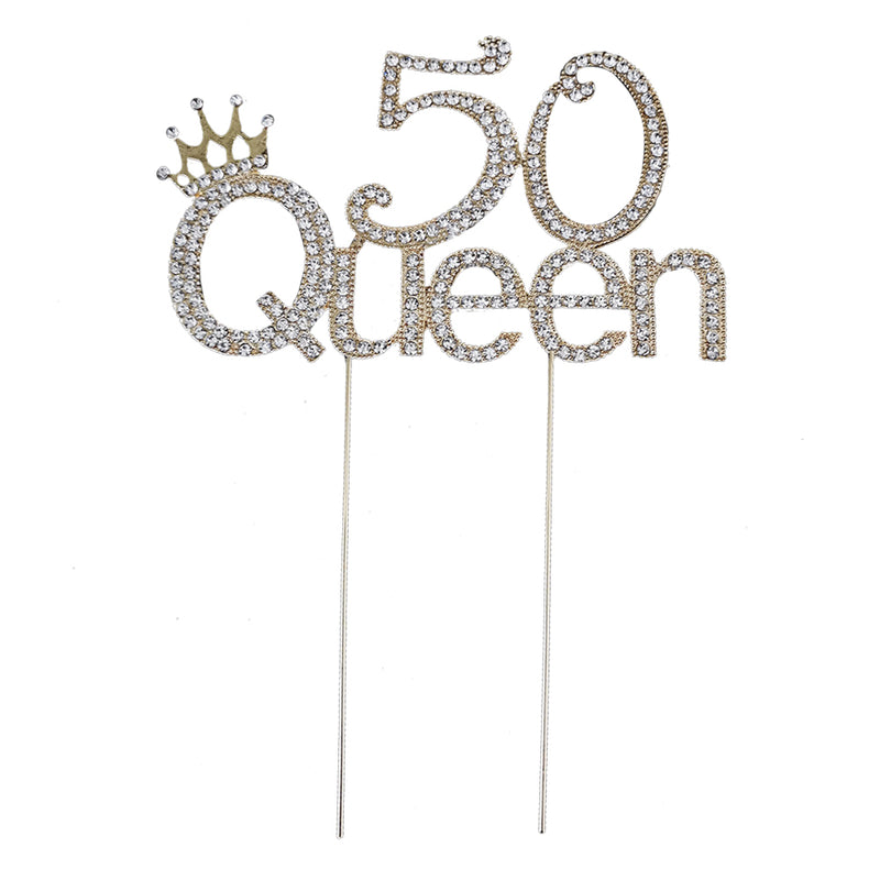 Queen at 50 Rhinestone Silver Cake Topper