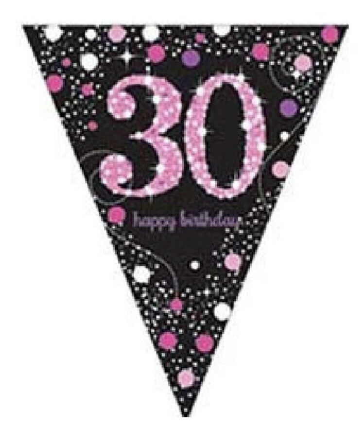30th Pink Sparkles Happy Birthday Flag Holographic 4m Banner Party Decorations