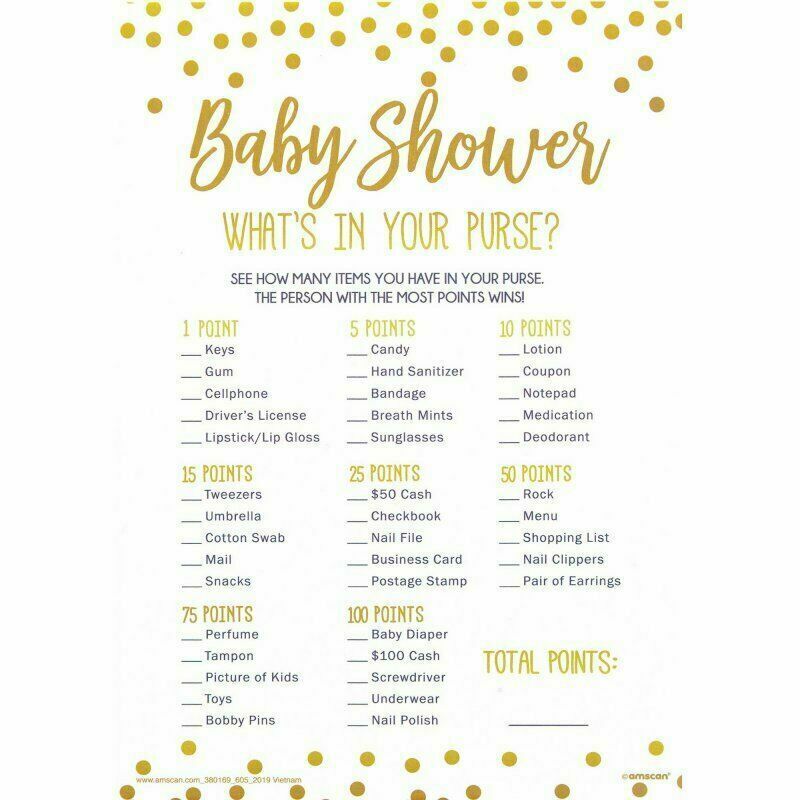 Baby Shower Games Activity Whats What's In Your Purse x24 Bag Party Cards