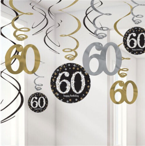 60th Black & Gold Sparkles themed Birthday Hanging Swirls Party Decorations.