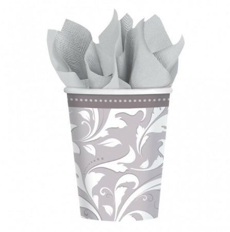 Silver Elegant Scroll Birthday Paper Cups